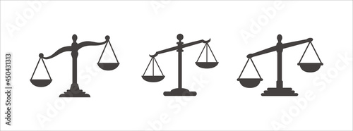 Scale of justice icon vector set. Leaning on one side scale of justice symbol illustration. Unfair law court symbol icon.
