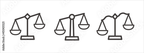 Scale of justice line icon vector set. Leaning on one side scale of justice symbol illustration. Unfair law court symbol icon.