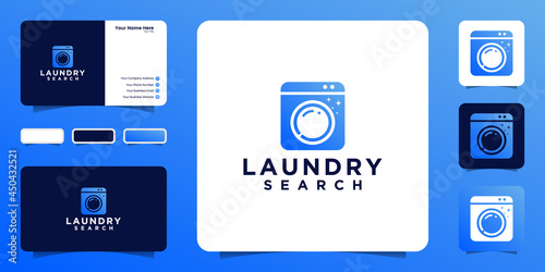 laundry search logo design inspiration, washing machine and magnifying glass icon and business card design