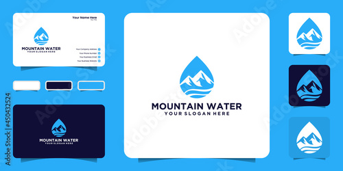 water drop logo design inspiration, sea waves and natural mountains with business cards and icon symbols