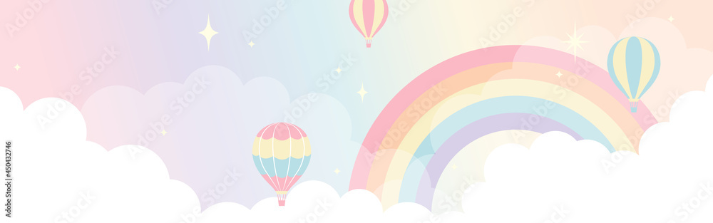 vector background with hot-air balloons and a rainbow in the sky for ...