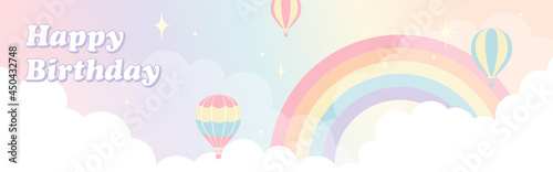 vector background with hot-air balloons and a rainbow in the sky for banners, cards, flyers, social media wallpapers, etc.