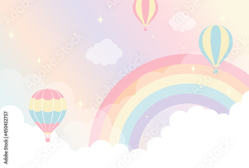 Fototapeta Naklejka Na Ścianę i Meble -  vector background with hot-air balloons and a rainbow in the sky for banners, cards, flyers, social media wallpapers, etc.