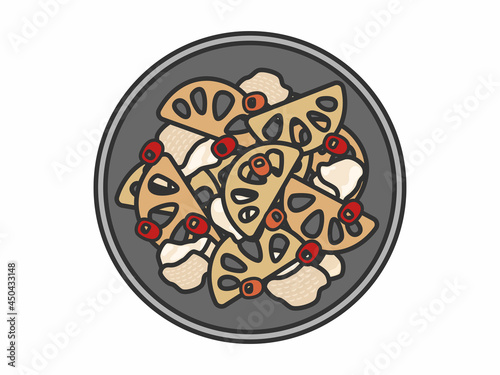 鶏肉と蓮根の炒めもののイラスト
