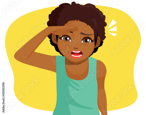 Portrait of curious afro black woman holding hand above eyes and peering into distance looking far away searching on horizon