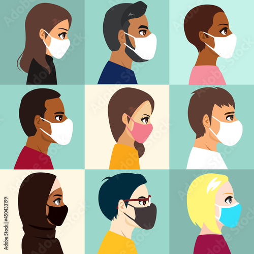 Nine diverse people portrait avatar side view wearing medical face masks