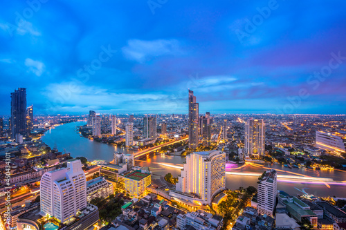 Aerial Bangkok Cityscape And Chao Phraya River Of Bangkok, Thailand