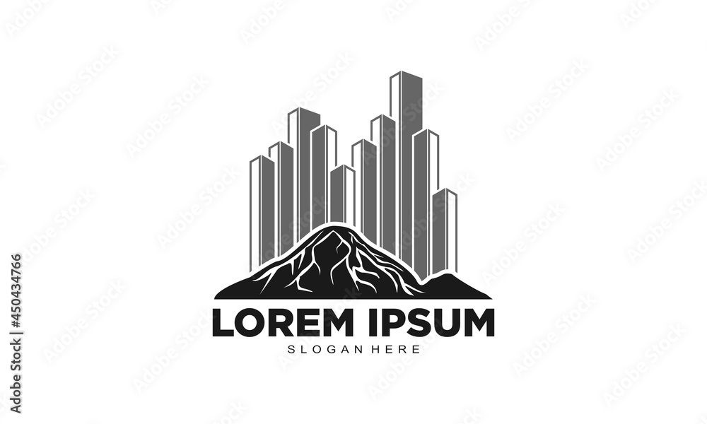 Volcano and city building vector logo