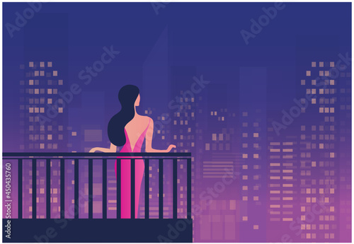 Beautiful woman standing at balcony on cityscape night time vector illustration