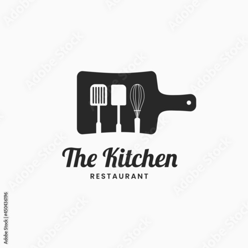 Kitchen restaurant and cafe logo design. Spatula and cooking utensils or kitchenware logo. This logo is perfect for restaurant, cafe, chef, food and beverage