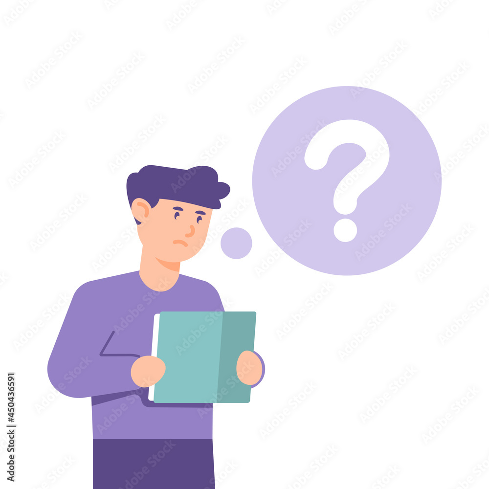 illustration of a boy studying or reading a book. hard to learn, don't understand, need help to learn. question mark. flat cartoon style. vector design illustration of a boy studying or reading a book. hard to learn, don't understand, need help to learn. question mark. flat cartoon style. vector design