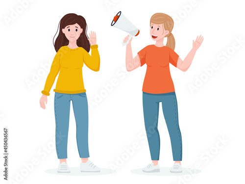 UGC concept. The woman speaks into a megaphone. Content creation, reviews. Social listening.