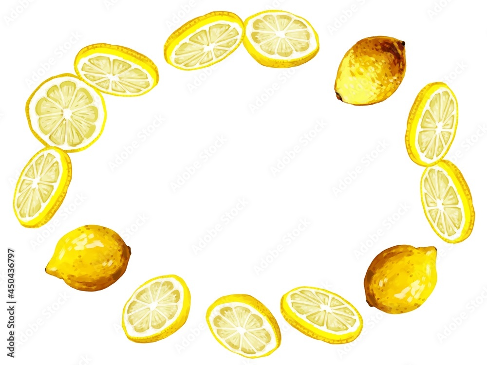 Ilustracao Do Stock 手描き水彩厚塗りの輪切りレモンと丸ごとレモン 楕円フレームイラスト Adobe Stock