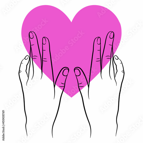 Two human hands and heart symbol. Romantic Valentine's Day design.