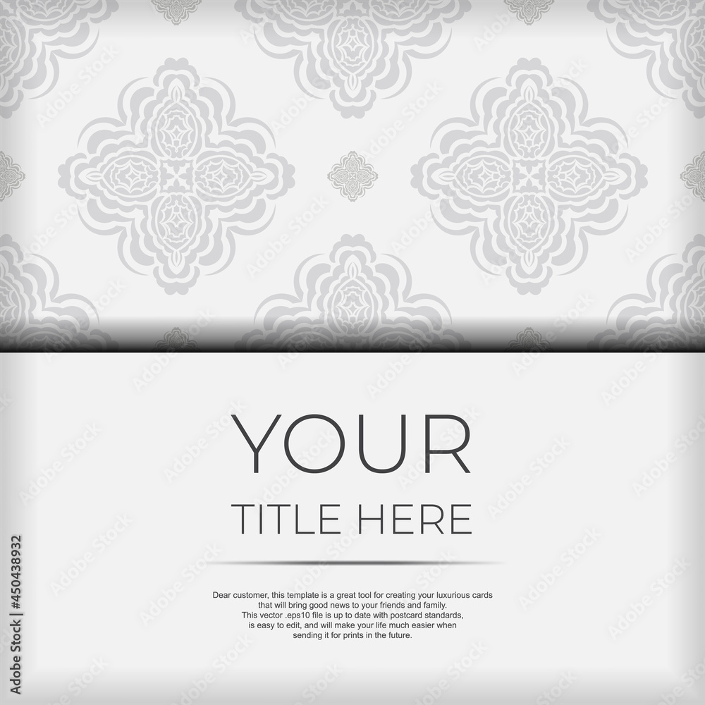 Luxurious Postcard Template White colors with Indian patterns. Print-ready invitation design with mandala ornament.