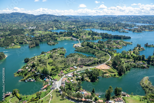 Amazing panoramic view of the hydroelectric reservoir and lakes of El Peñol de Guatape, in Medellin, Colombia.