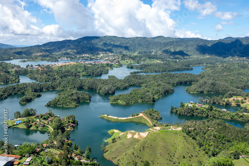 Amazing panoramic view of the hydroelectric reservoir and lakes of El Pe  ol de Guatape  in Medellin  Colombia.