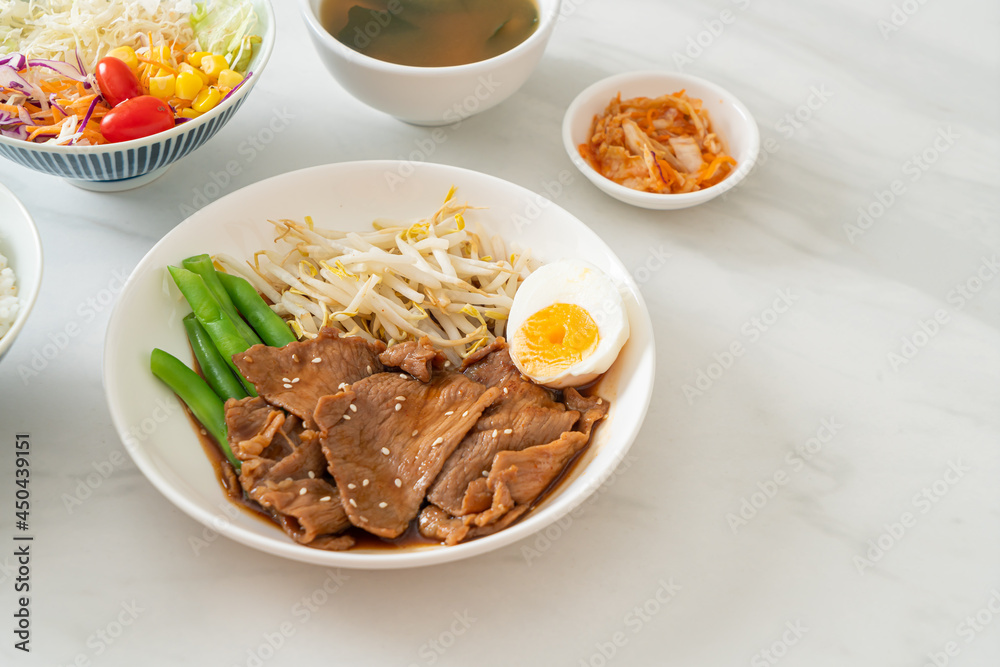 stir-fry Teriyaki Pork with sesame seeds ,mung bean sprouts, boiled egg and rice set stir-fry Teriyaki Pork with sesame seeds ,mung bean sprouts, boiled egg and rice set
