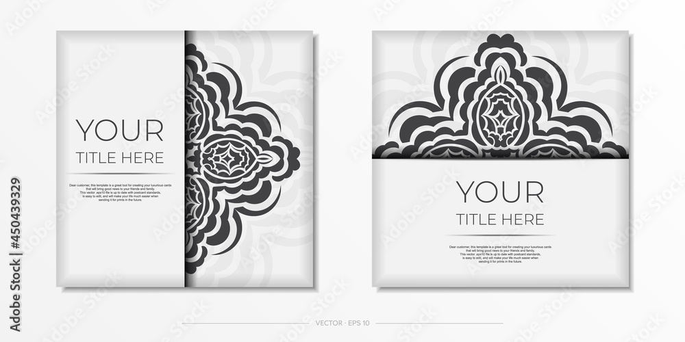 Preparing postcards White colors with Indian ornaments. Template for design printable invitation card with mandala patterns.