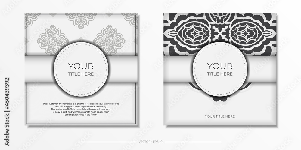 Postcard template White colors with Indian patterns. Print-ready invitation design with mandala ornament. Postcard template White colors with Indian patterns. Print-ready invitation design with mandala ornament.