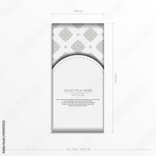 Postcard template White colors with Indian ornaments. Print-ready invitation design with mandala patterns.