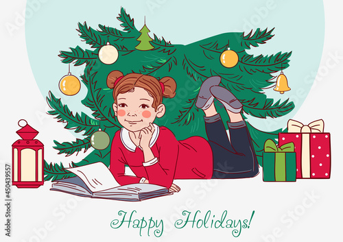 Cute girl reading book. Christmas tree with presents. Christmas vector illustration in bright colors