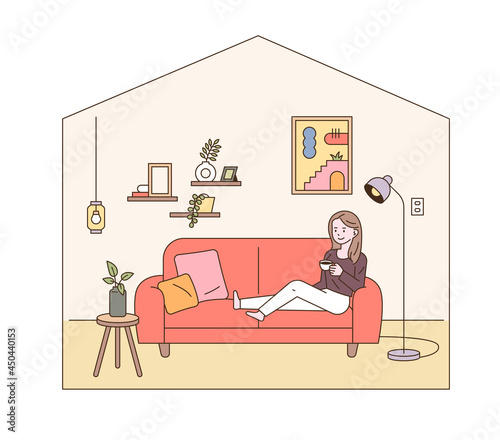Modern living room interior. A woman is sitting comfortably on the sofa and resting. outline simple vector illustration.