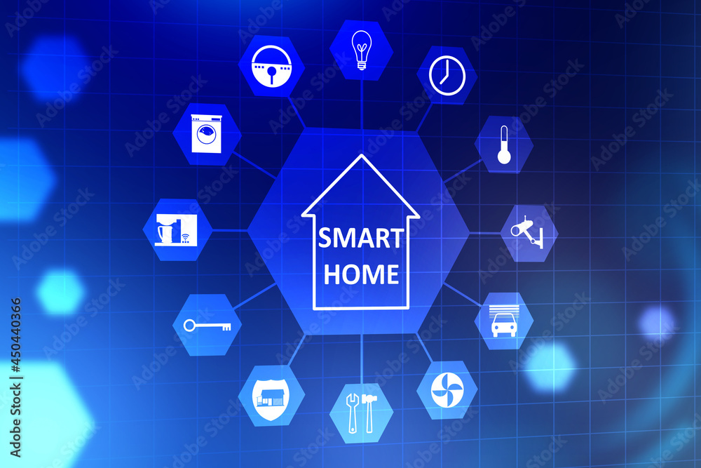 Circular interface of the smart home automation assistant. Icons for home appliances and home systems are located around the Smart home label. Automation of home systems. Circular interface of the smart home automation assistant. Icons for home appliances and home systems are located around the Smart home label. Automation of home systems.