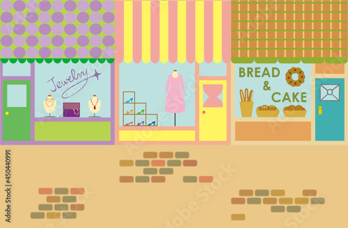 A European style shopping street with a jewelry store, a clothing store and a bakery