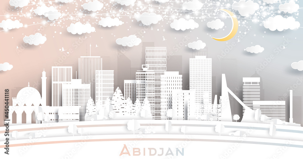 Abidjan Ivory Coast City Skyline in Paper Cut Style with White Buildings, Moon and Neon Garland.