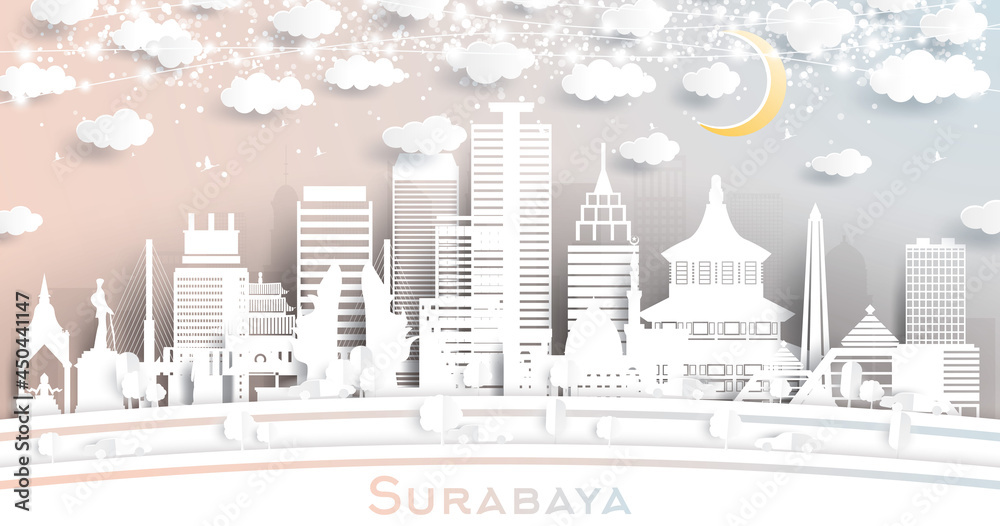 Surabaya Indonesia City Skyline in Paper Cut Style with White Buildings, Moon and Neon Garland.