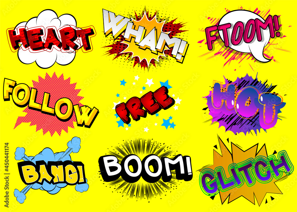 Heart, Wham, Ftoom, Follow, Free, Hot, Bang, Boom, Glitch - Cartoon words, text effect. Speech bubble. Comics wording sound collection. Set for your comic book background, strip. Heart, Wham, Ftoom, Follow, Free, Hot, Bang, Boom, Glitch - Cartoon words, text effect. Speech bubble. Comics wording sound collection. Set for your comic book background, strip.