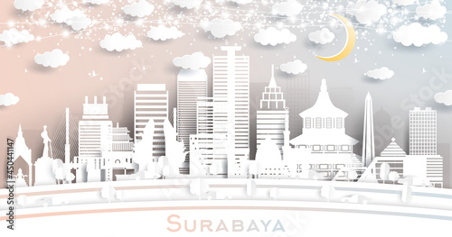 Surabaya Indonesia City Skyline in Paper Cut Style with White Buildings  Moon and Neon Garland.