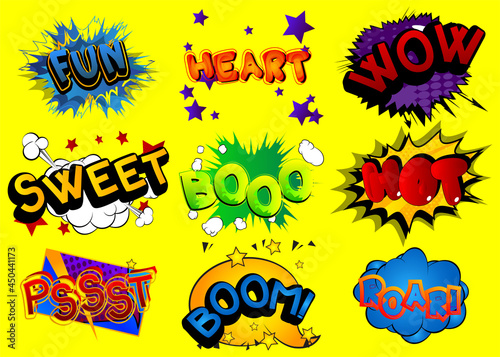 Fun, Heart, Wow, Sweet, Booo, Hot, Pssst, Boom, Roar - Cartoon words, text effect. Speech bubble. Comics wording sound collection. Set for your comic book background, strip.