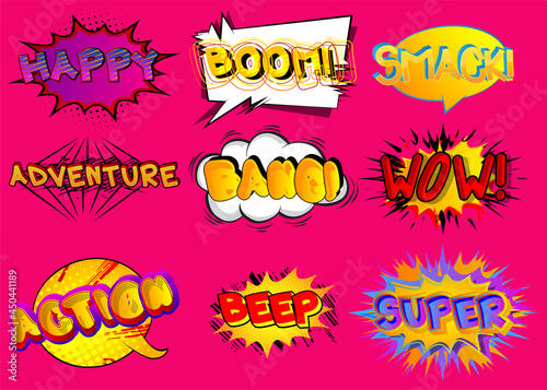 Happy, Boom, Smack, Adventure, Bang, Wow, Action, Beep, Super - Cartoon words, text effect. Speech bubble. Comics wording sound collection. Set for your comic book background, strip. photo