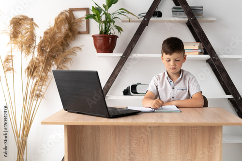 Homeschooling online boy doing homework using a laptop listening to a video lesson in mathematics. Teacher or tutor remotely. zoom education. Distance learning concept. photo