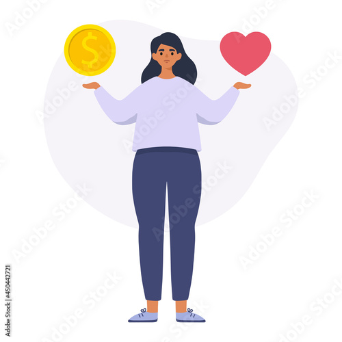 Life work balance concept. Woman decides between health work. Business concept flat style vector illustration isolated on white background.