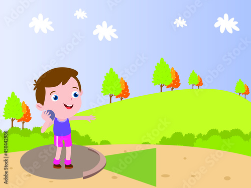 Happy cute boy doing shot put on field outdoor 2d cartoon vector illustration