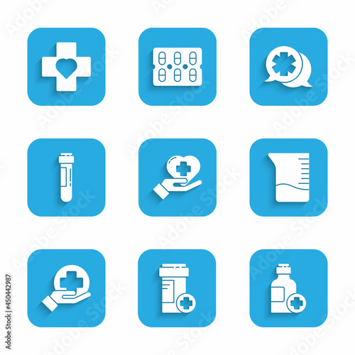 Set Heart with a cross, Medicine bottle, Bottle of medicine syrup, Measuring cup, Cross hospital medical, Test tube blood, Dialogue the doctor and icon. Vector