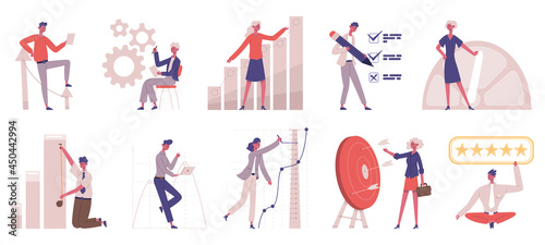 Benchmarking comparison business company development strategy. Business development compare, improvement testing vector illustration set. Benchmark testing and analysis