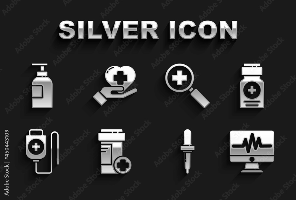 Set Medicine bottle, Monitor with cardiogram, Pipette, IV bag, Magnifying glass for search medical, Hand sanitizer and Heart cross icon. Vector Set Medicine bottle, Monitor with cardiogram, Pipette, IV bag, Magnifying glass for search medical, Hand sanitizer and Heart cross icon. Vector