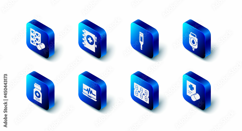Set Medical clipboard, digital thermometer, IV bag, prescription, Pills in blister pack, Laptop with cardiogram, Medicine bottle and icon. Vector Set Medical clipboard, digital thermometer, IV bag, prescription, Pills in blister pack, Laptop with cardiogram, Medicine bottle and icon. Vector