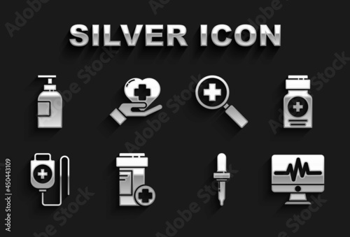 Set Medicine bottle, Monitor with cardiogram, Pipette, IV bag, Magnifying glass for search medical, Hand sanitizer and Heart cross icon. Vector