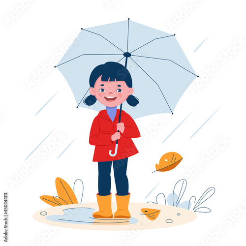 Cute little girl with an umbrella in rubber boots in the rain. Vector illustration in cartoon style.