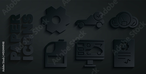Set Diagnostics condition of car, Speedometer, Canister for motor machine oil, Auto service check automotive, and Gear icon. Vector