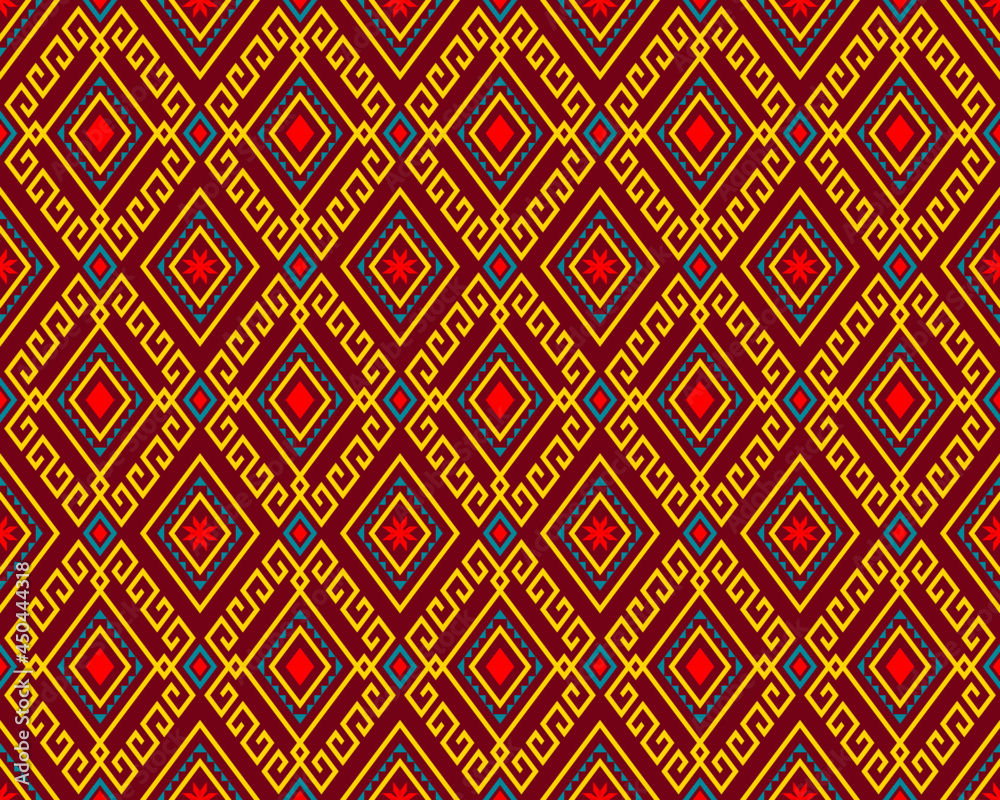 Yellow Green Symmetry Geometric Tribe or Ethnic Seamless Pattern on Red Background