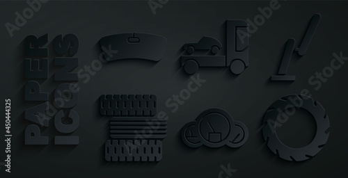 Set Speedometer, Windscreen wiper, Car tire wheel, transporter truck and Windshield icon. Vector