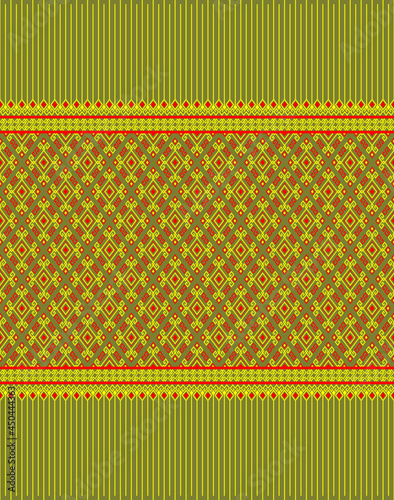 Yellow Red Symmetry Geometric Native or Ethnic Seamless Pattern on Green Background