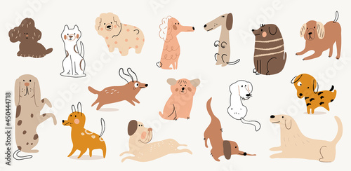 Cute dogs watercolor doodle vector set. Cartoon dog or puppy characters design collection with flat color in different poses. Set of purebred pet animals isolated on white background.