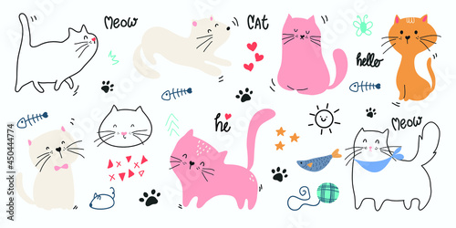 Cute cats watercolor doodle vector set. Cartoon cat or kitten characters design collection with flat color in different poses. Set of purebred pet animals isolated on white background.